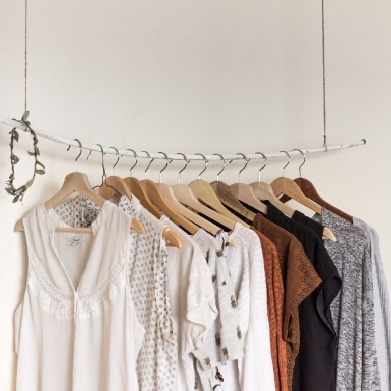 A collection of sleeveless tops and blouses in various neutral shades hang neatly on wooden hangers from a minimalist, curved rod, perfect for dressing comfortably. A small green plant hangs decoratively from one end of the sustainably crafted rod.