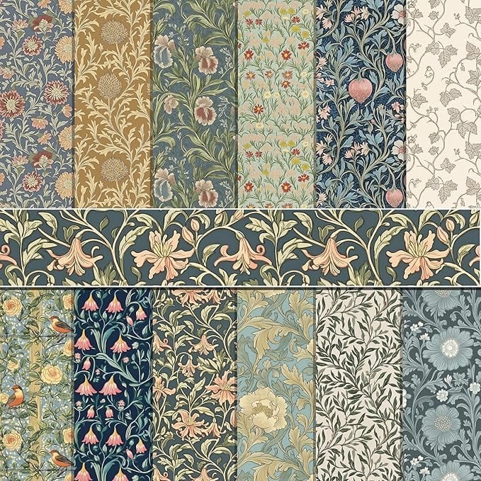 A collection of twelve vintage-inspired miniature wallpaper patterns, mostly floral and botanical, in shades of blue, green, beige, and pink. Vertical strips with a central floral border included.