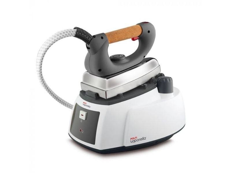 A modern steam iron with a cork handle sits atop a white base unit labelled Polti Vaporella. Perfect for sewing tricks, its flexible hose and intuitive controls help you sew faster and achieve flawless results.