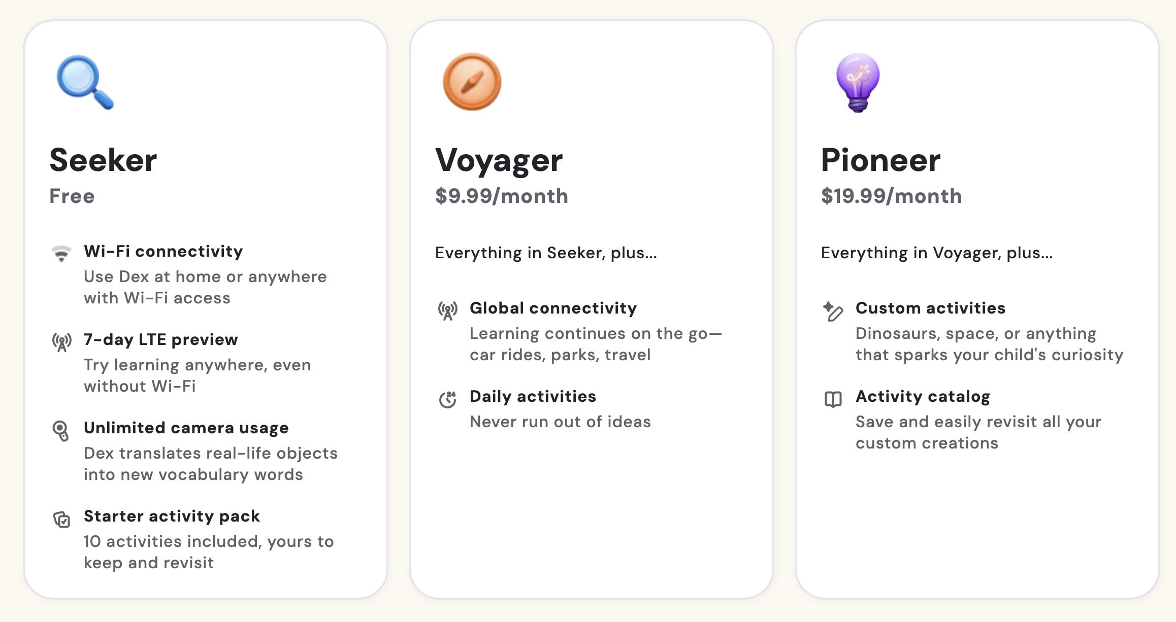 Three subscription plans are shown: Seeker (free), Voyager (£9.99/month), and Pioneer (£19.99/month), each listing language learning features for children. Simple icons illustrate each plan, with Voyager and Pioneer offering more advanced options than Seeker.