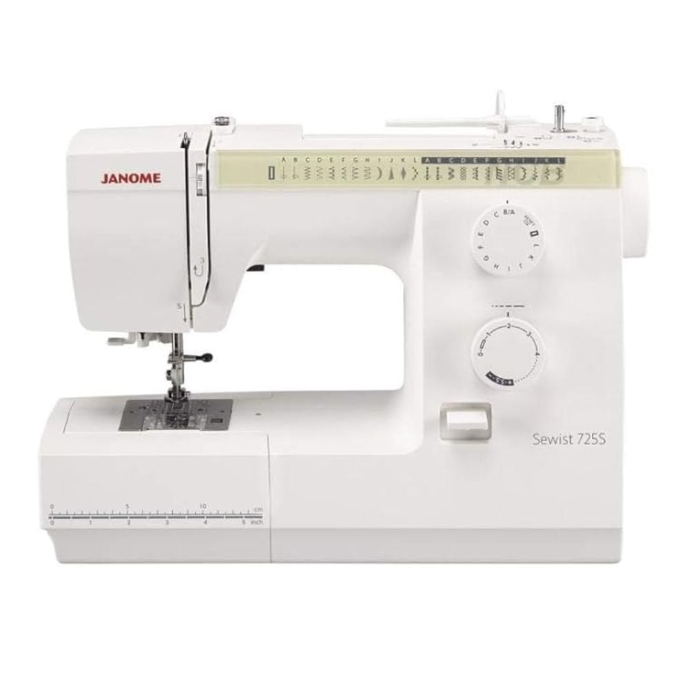 A white Janome Sewist 725S sewing machine with dials, stitch options, and measurement guide visible on its front side, photographed against a plain white background—an ideal choice for those starting sewing or looking to sew clothes as part of their beginner’s guide.